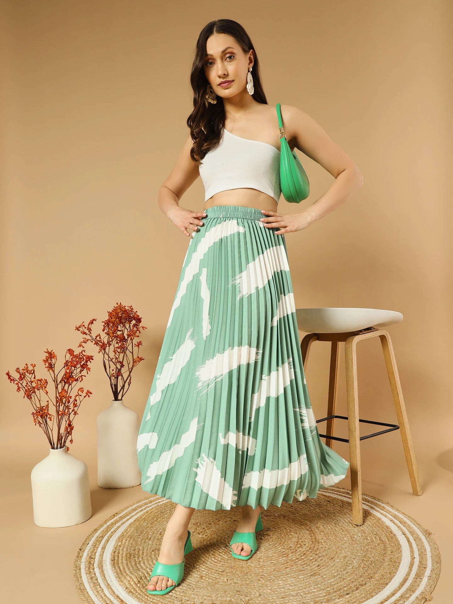 Women Self Design A-line Light Green Skirt