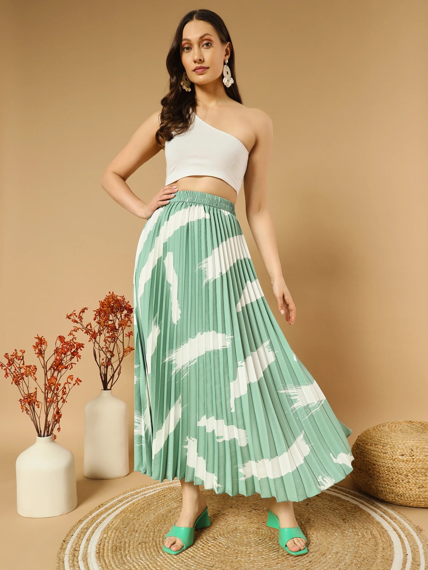 Women Self Design A-line Light Green Skirt
