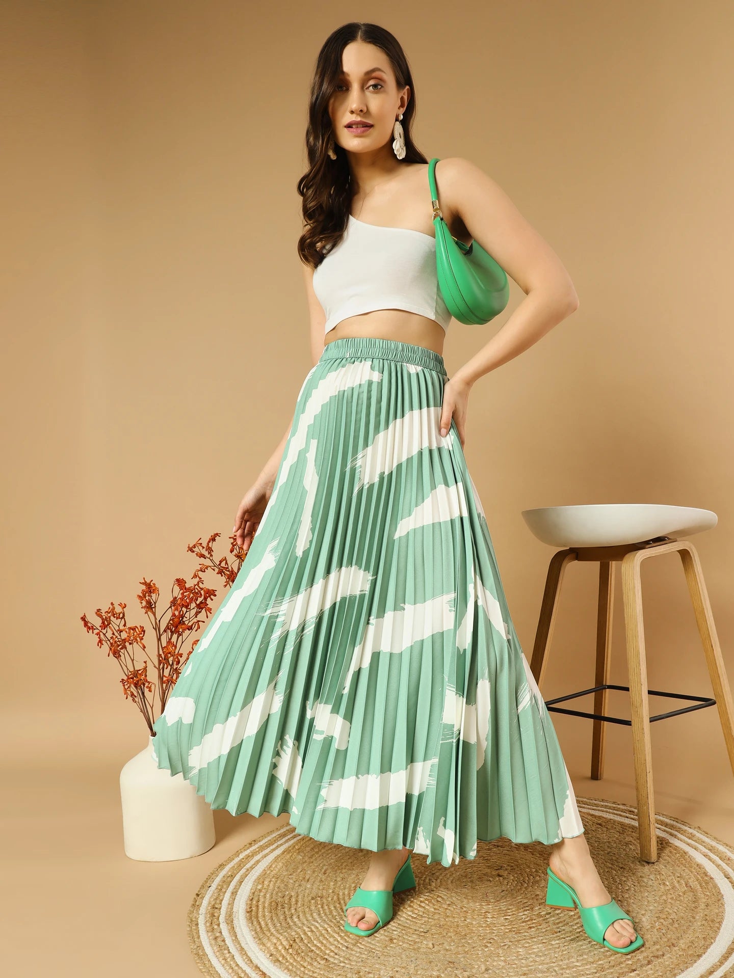 Women Self Design A-line Light Green Skirt