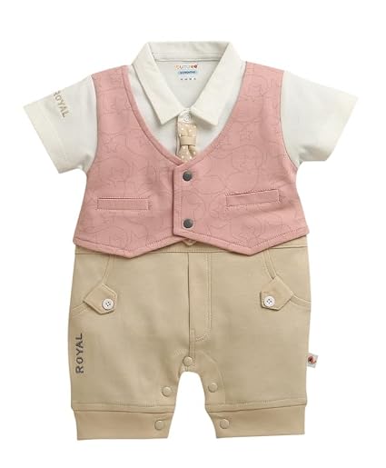 Boys Regular Fit Half Sleeves Collar Neck Cotton Romper With Attached Bow Tie