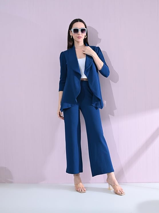Women's Solid Relaxed Fit 3/4 Sleeve Cotton Blend Co-ord Blazer and Trouser Set