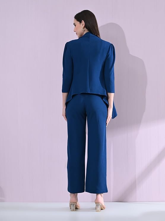 Women's Solid Relaxed Fit 3/4 Sleeve Cotton Blend Co-ord Blazer and Trouser Set