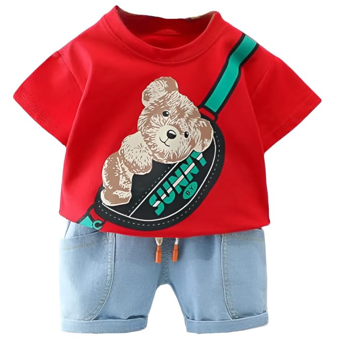 Boy's Cotton Printed T-shirt with Denim Shorts
