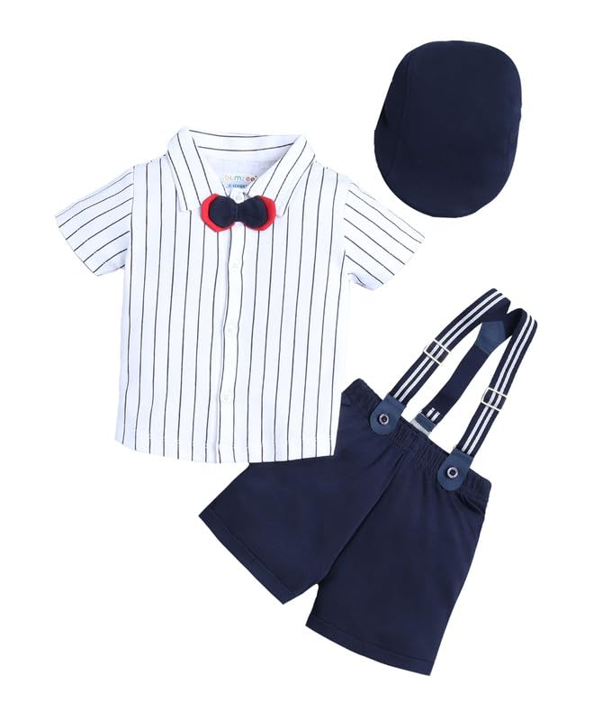 Regular Fit Half Sleeves Collar Neck Cotton Shirt & Short Set With Applique Bow Suspender & Cap