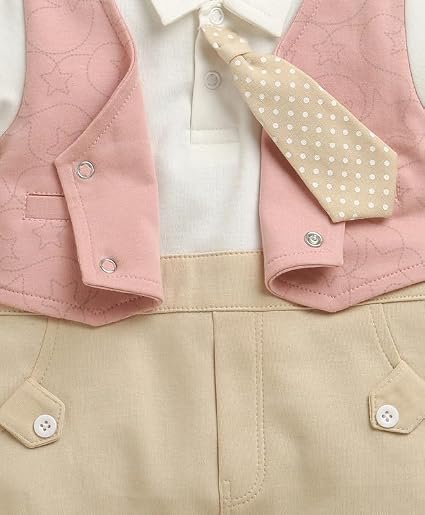 Boys Regular Fit Half Sleeves Collar Neck Cotton Romper With Attached Bow Tie