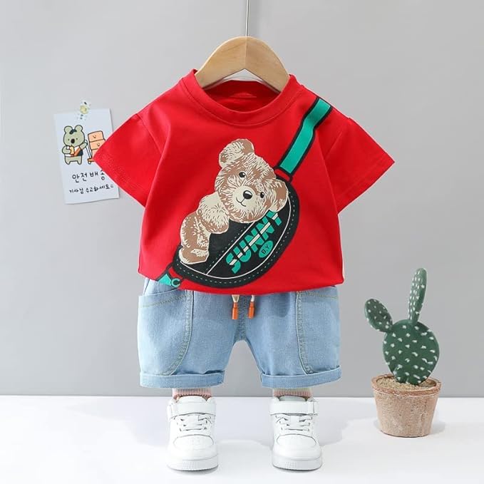 Boy's Cotton Printed T-shirt with Denim Shorts