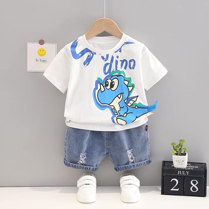Boy's Cotton Dino Printed T-shirt With Shorts Sets