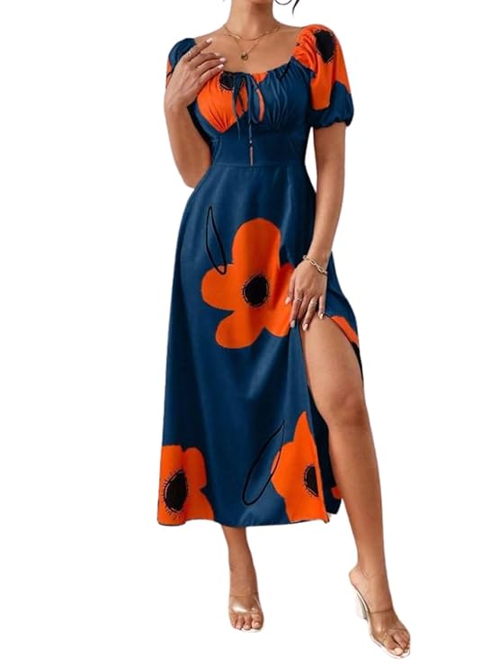 Women's Puff Sleeve Floral Printed A Line Dress