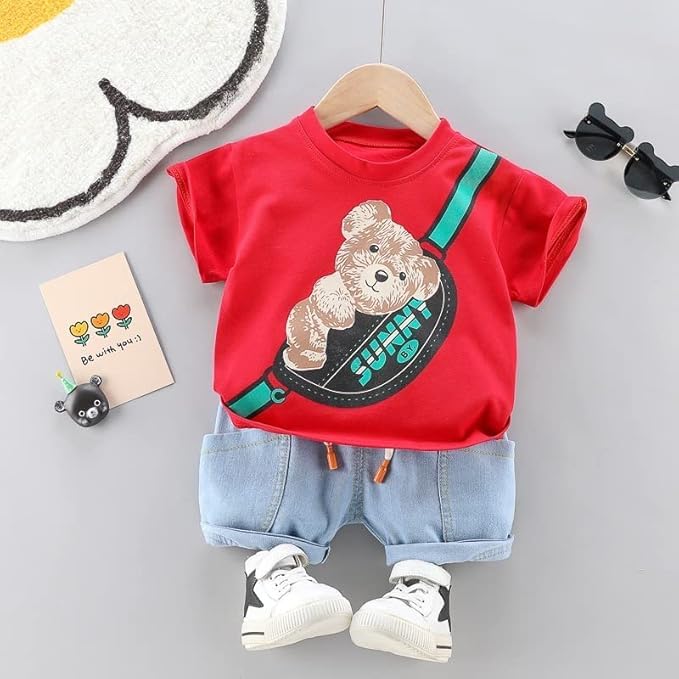 Boy's Cotton Printed T-shirt with Denim Shorts