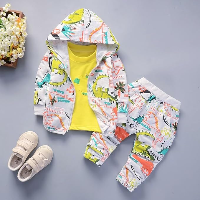 Boy's Cotton Printed Hoodie Sweatshirt with Joggers in White Baby Boys Clothing Set