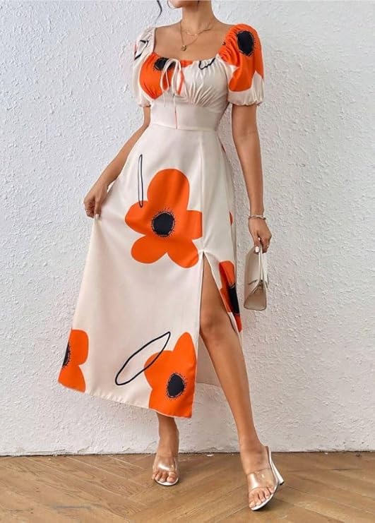 Women's Puff Sleeve Floral Printed A Line Dress
