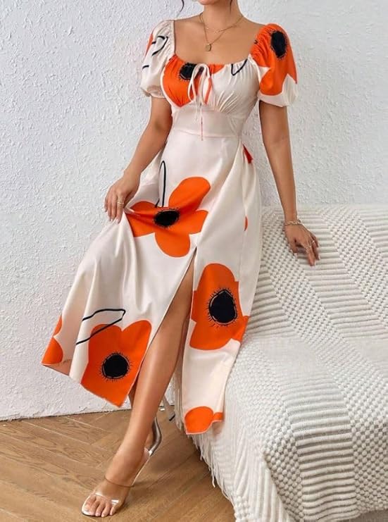 Women's Puff Sleeve Floral Printed A Line Dress