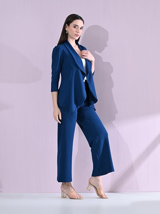 Women's Solid Relaxed Fit 3/4 Sleeve Cotton Blend Co-ord Blazer and Trouser Set