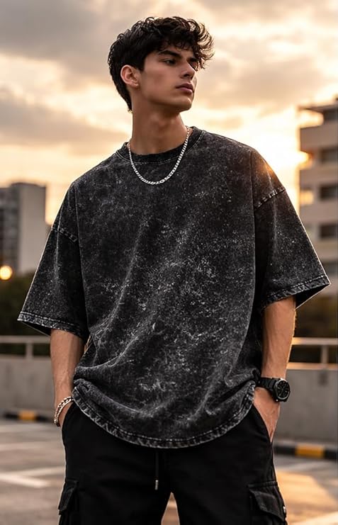 Cotton Oversized T-Shirt Unisex Drop Shoulder Dye Washed Street Look Black Pack of 1