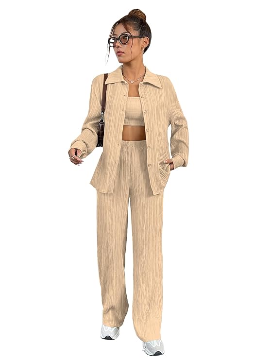 Women’s 3-Piece Co-ord Set – Solid Button Front Shirt, Strapless Tube Top & Wide Leg Pants