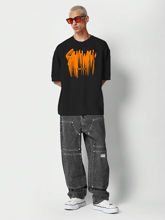 Half Sleeve Oversized Cottonblend Round Neck Printed Men's T-Shirt (Color Black)