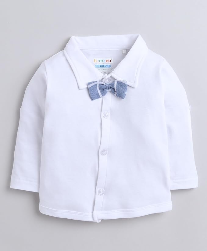 Boys Regular Fit Full Sleeves Collar Neck Cotton Shirt Waistcoat Short Set With Applique Bow