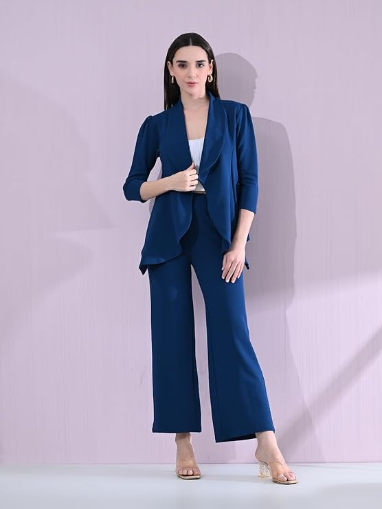 Women's Solid Relaxed Fit 3/4 Sleeve Cotton Blend Co-ord Blazer and Trouser Set