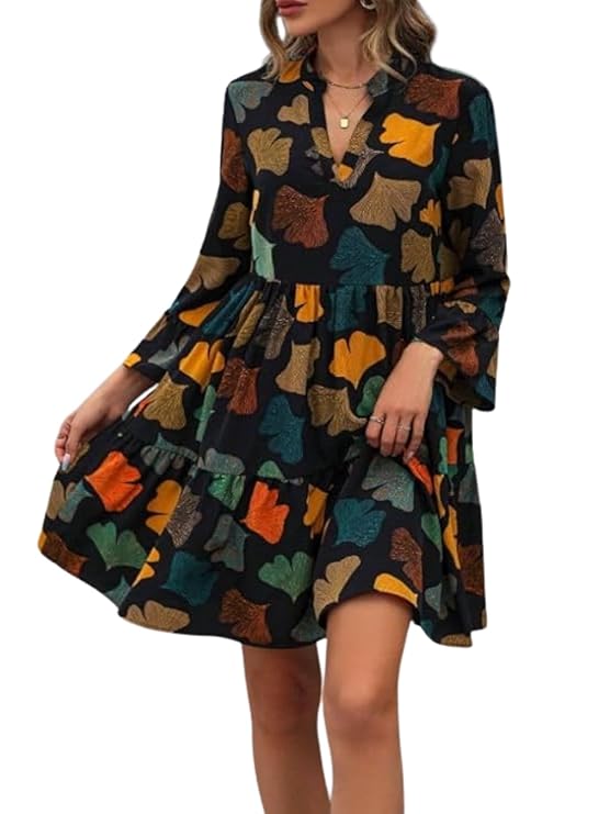 Women’s Floral Printed V-Neck Long Sleeve Fit & Flare Mini Dress – Casual Western One Piece Dress