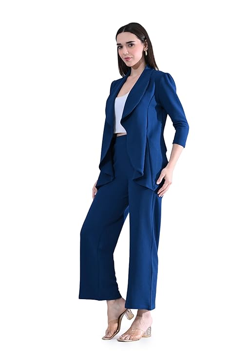 Women's Solid Relaxed Fit 3/4 Sleeve Cotton Blend Co-ord Blazer and Trouser Set