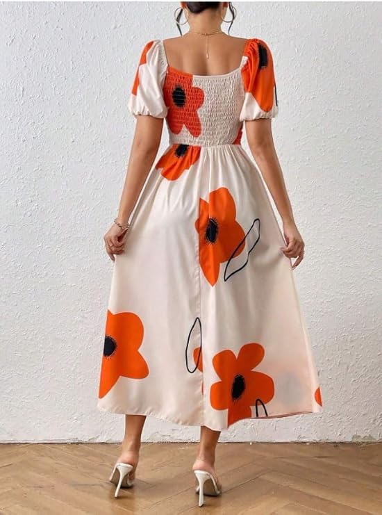 Women's Puff Sleeve Floral Printed A Line Dress
