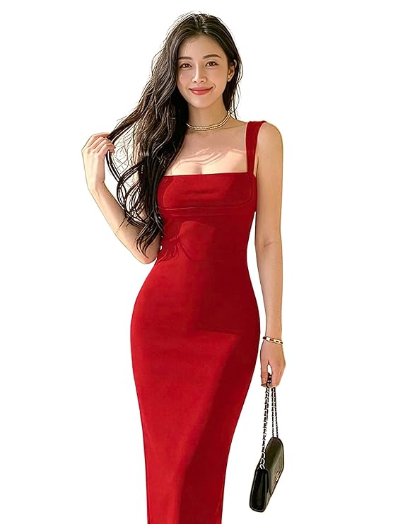 Solid Bodycon Square Neck Long Party Dress for Women's & Girl's