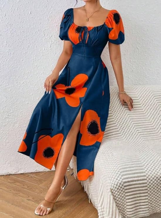 Women's Puff Sleeve Floral Printed A Line Dress