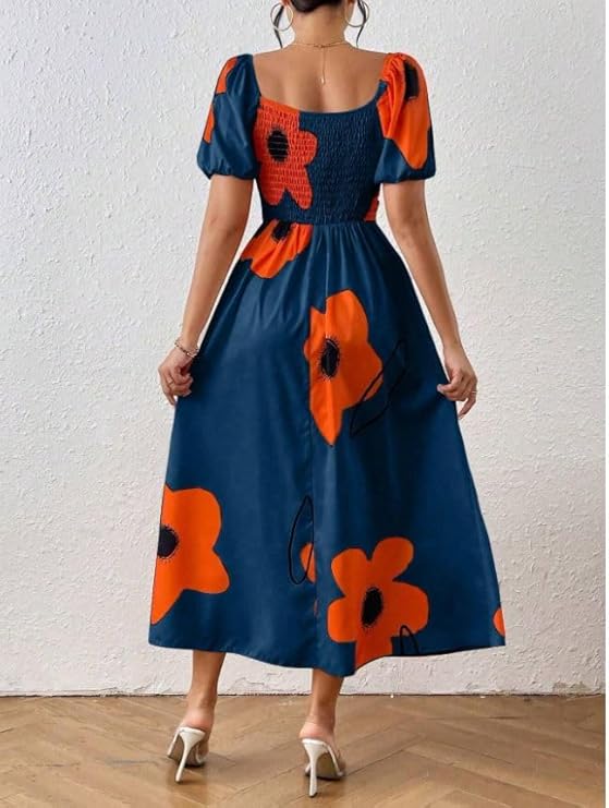 Women's Puff Sleeve Floral Printed A Line Dress