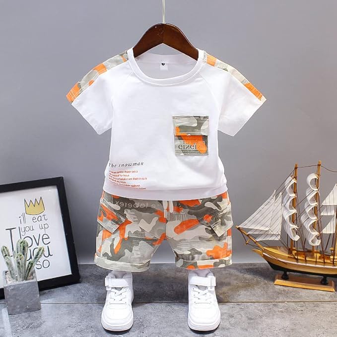 Cotton Printed T-Shirt with Shorts in White Color Sets for Baby Boys