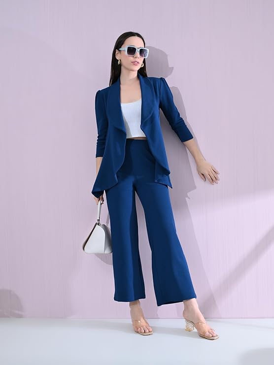 Women's Solid Relaxed Fit 3/4 Sleeve Cotton Blend Co-ord Blazer and Trouser Set
