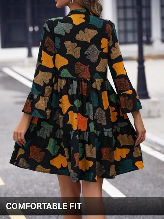 Women’s Floral Printed V-Neck Long Sleeve Fit & Flare Mini Dress – Casual Western One Piece Dress