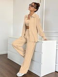 Women’s 3-Piece Co-ord Set – Solid Button Front Shirt, Strapless Tube Top & Wide Leg Pants