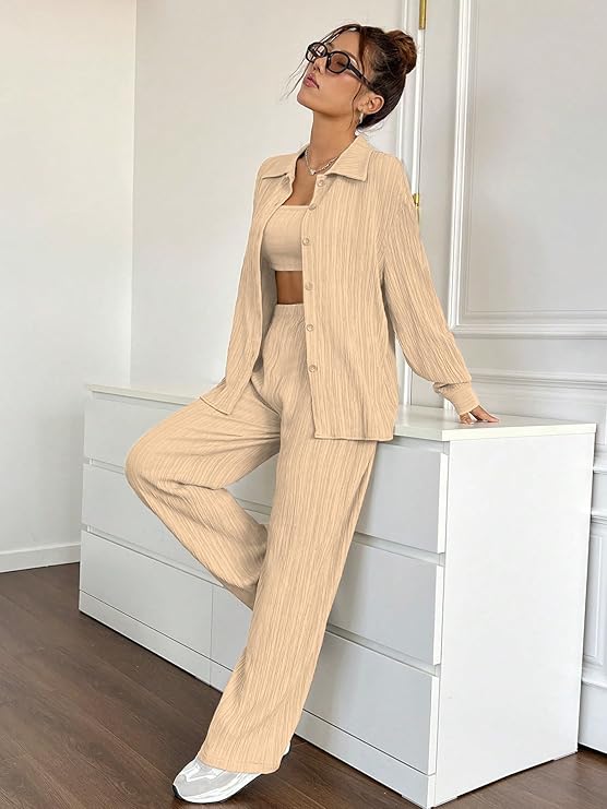 Women’s 3-Piece Co-ord Set – Solid Button Front Shirt, Strapless Tube Top & Wide Leg Pants