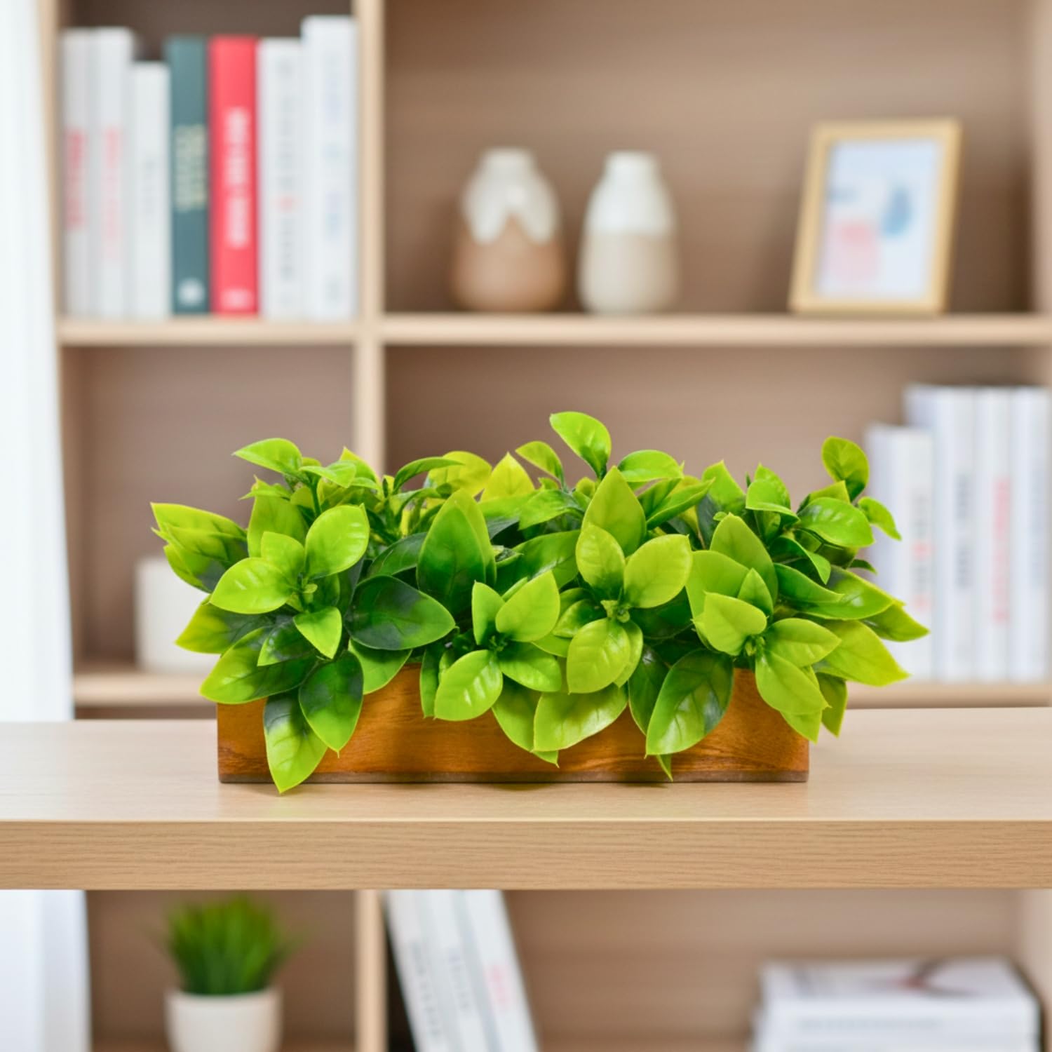 Artificial Citrus Green Leaves Plant in Wooden Small Rectangular Planter