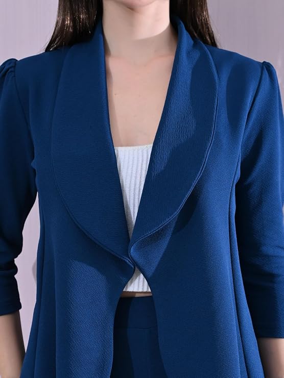 Women's Solid Relaxed Fit 3/4 Sleeve Cotton Blend Co-ord Blazer and Trouser Set