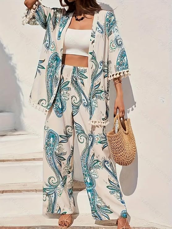 Women Summer Travel Co-Ord Set Short Sleeve Shirt & Wide-Leg Pant