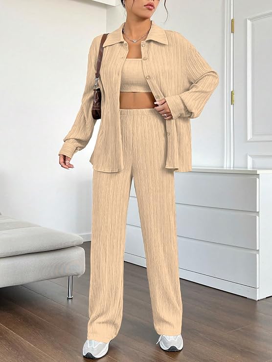 Women’s 3-Piece Co-ord Set – Solid Button Front Shirt, Strapless Tube Top & Wide Leg Pants