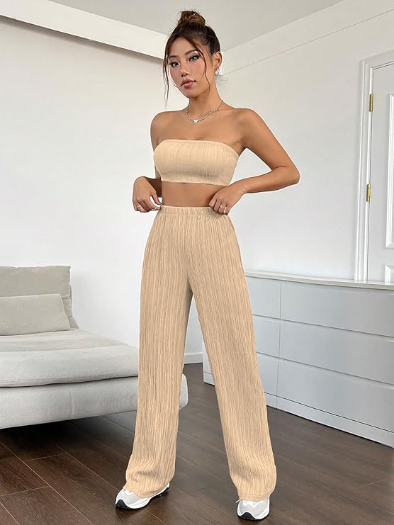 Women’s 3-Piece Co-ord Set – Solid Button Front Shirt, Strapless Tube Top & Wide Leg Pants