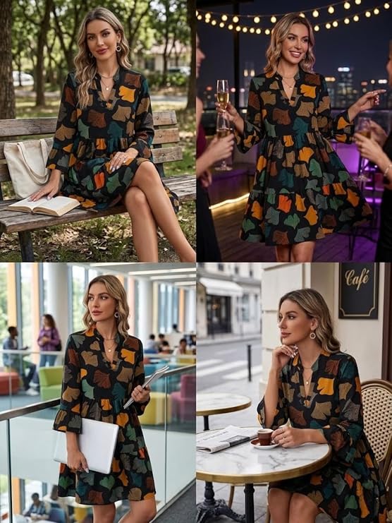 Women’s Floral Printed V-Neck Long Sleeve Fit & Flare Mini Dress – Casual Western One Piece Dress