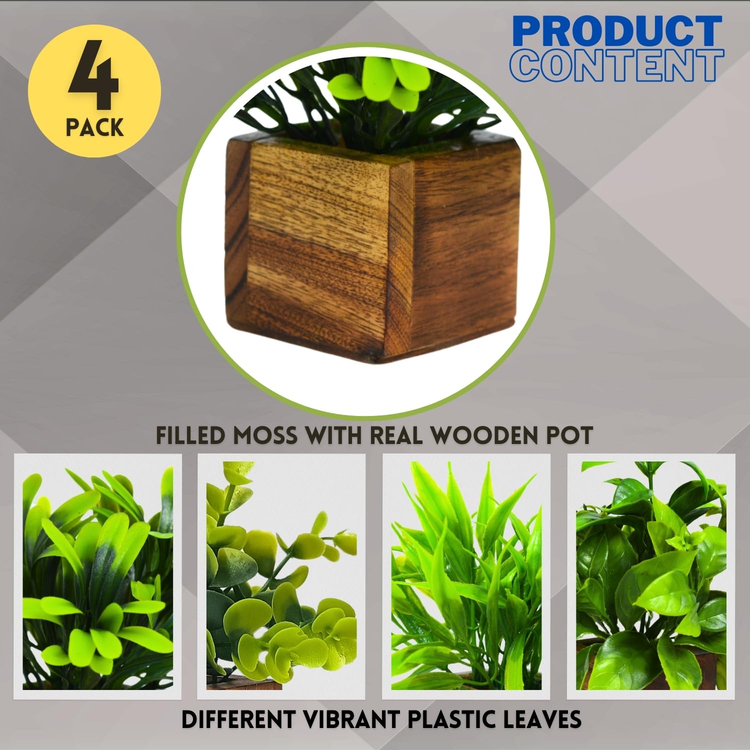 Artificial Greenery Leaves in Wooden Pot (Pack of 4)