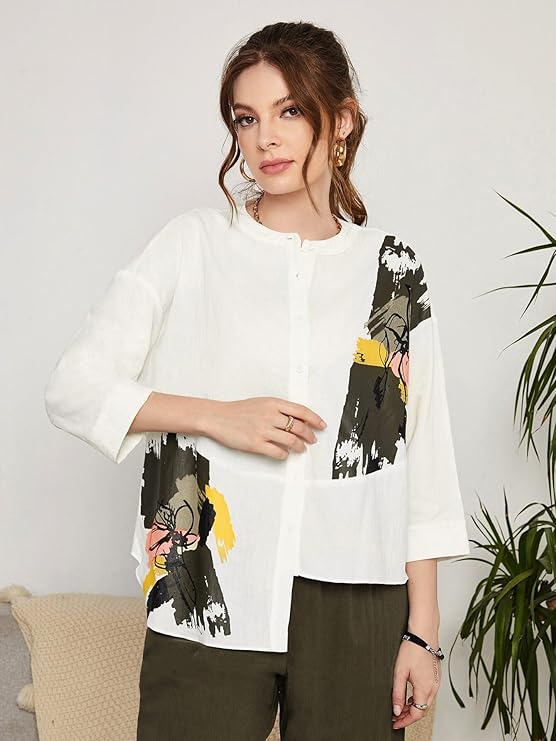 Women's Co-ord Set | Button-up, Loose-fit top with Artistic Abstract Prints