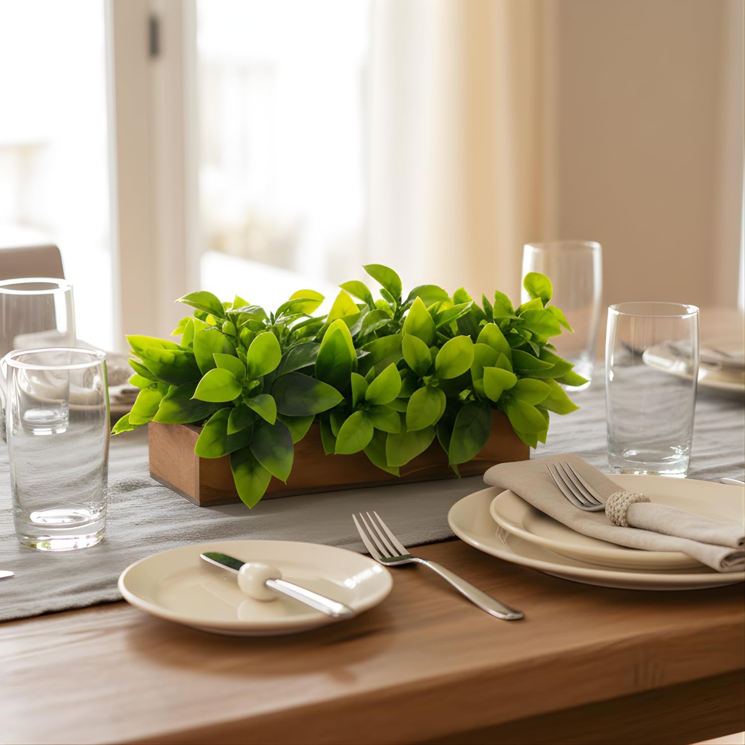 Artificial Citrus Green Leaves Plant in Wooden Small Rectangular Planter