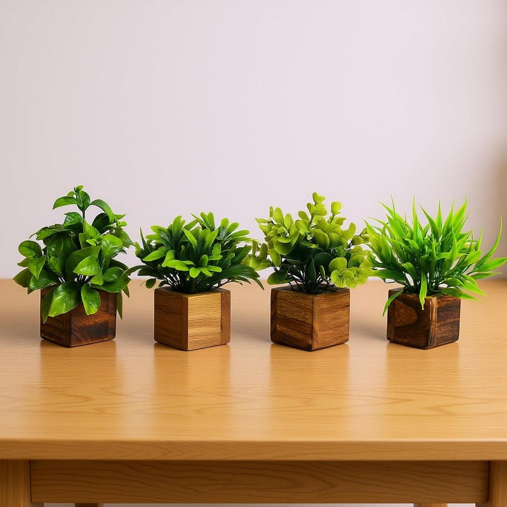 Artificial Greenery Leaves in Wooden Pot (Pack of 4)