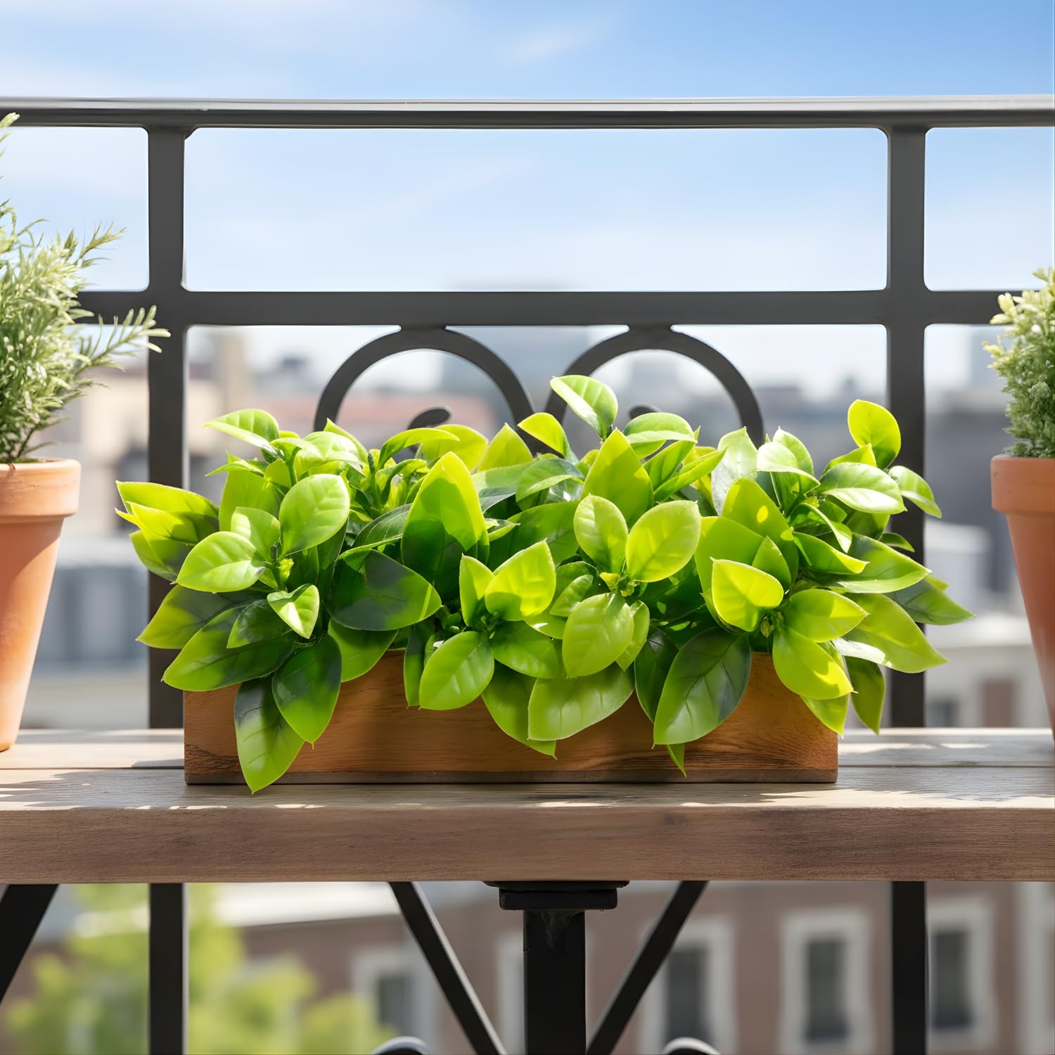 Artificial Citrus Green Leaves Plant in Wooden Small Rectangular Planter