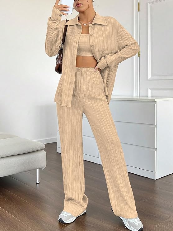 Women’s 3-Piece Co-ord Set – Solid Button Front Shirt, Strapless Tube Top & Wide Leg Pants