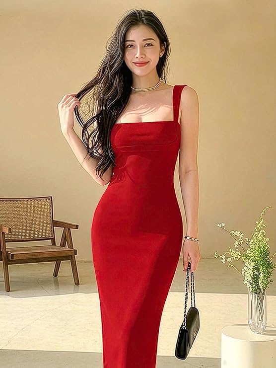 Solid Bodycon Square Neck Long Party Dress for Women's & Girl's