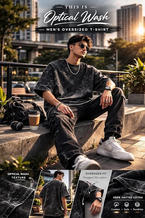 Cotton Oversized T-Shirt Unisex Drop Shoulder Dye Washed Street Look Black Pack of 1