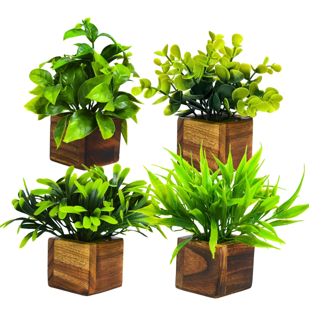 Artificial Greenery Leaves in Wooden Pot (Pack of 4)