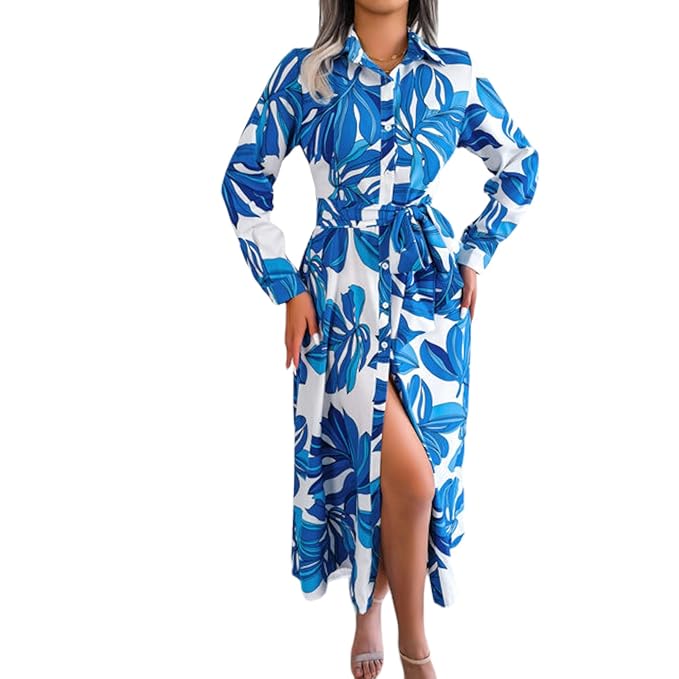 Women's Crepe Midi Dress with Full Sleeves Floral Printed Collar Neck Maxi Length Regular Fit and A Line Style