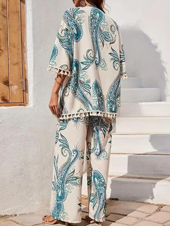 Women Summer Travel Co-Ord Set Short Sleeve Shirt & Wide-Leg Pant